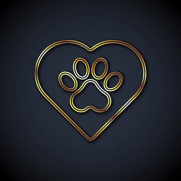 金线心脏与动物脚印图标隔离在黑色背景 宠物的爪子在心脏 对动物的爱B — 图库矢量图片