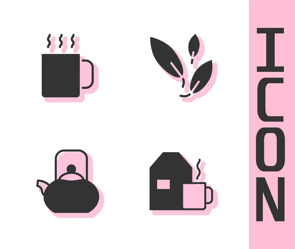 Set Tasse Tee Mit Milch Wasserkocher Und Teeblatt Symbol Vektor — Stockvektor