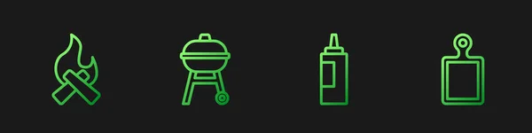 stock vector Set line Sauce bottle, Campfire, Barbecue grill and Cutting board. Gradient color icons. Vector