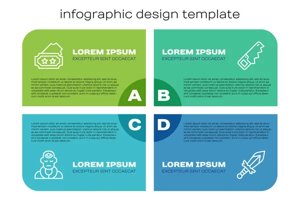 stock vector Set line Wizard warlock, Ticket, Medieval sword and Hand saw. Business infographic template. Vector