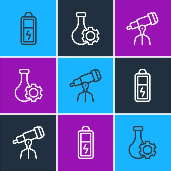 stock vector Set line Battery, Telescope and Test tube icon. Vector