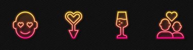 Düz çizgi şampanya, romantik adam, kadın cinsiyet sembolü ve aşık çift. Parlayan neon ikonu. Vektör