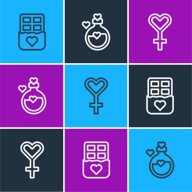 Çikolata, kadın cinsiyet sembolü ve aşk ikonlu şişe. Vektör