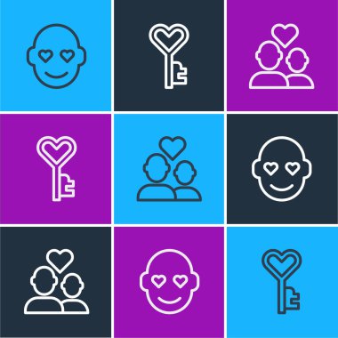 Romantik adam, aşık çift ve Key 'in kalp şeklini belirle. Vektör