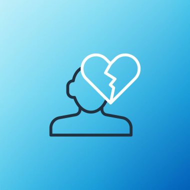 Kırık kalp ya da boşanma simgesi mavi arka planda izole edilmiş. Aşk sembolü. Sevgililer Günü. Renkli taslak konsepti. Vektör.