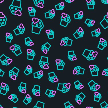 Çizgi düğün pastası. Siyah arka planda izole edilmiş kalp ikonu var. Sevgililer günün kutlu olsun. Vektör.