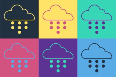 Renk arkaplanında yağmur ikonu olan pop sanat bulutu. Yağmur damlaları ile yağmur bulutu yağışı. Vektör.