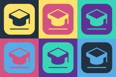 Pop Art Graduation Capduation ikonu renk arkaplanında izole edildi. Tassel ikonlu mezuniyet şapkası. Vektör.