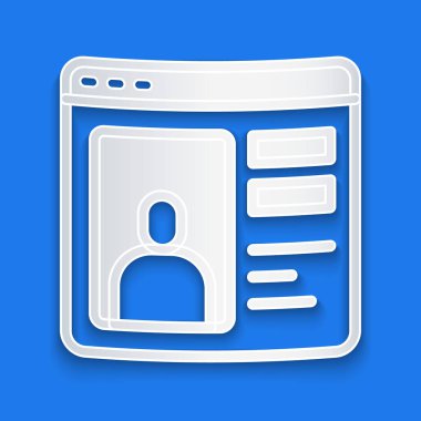 Kağıt kesme uygulaması çevrimiçi dizüstü bilgisayar konsepti simgesi mavi arkaplanda izole edildi. Kadın erkek profili düz tasarım. Çift ilişki için eşleşiyor. Kağıt sanatı tarzı. Vektör.