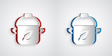 Kağıt kesiği, gri arka planda izole edilmiş vegan beslenme ikonu. Organik, biyolojik, ekolojik sembol. Vejetaryen, et yok, laktozsuz, sağlıklı, taze ve şiddet içermeyen yiyecekler. Kağıt sanatı tarzı. Vektör.