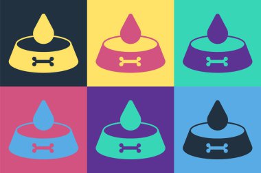 Kedi ya da köpek ikonu için kedi ya da köpek maması kasesi renkli arka planda izole edilmiş. Köpek ya da kedi pençesi izi. Vektör.