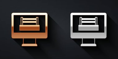 Televizyon ekranındaki altın ve gümüş boks ringleri siyah arka planda izole edilmiş. Uzun gölge tarzı. Vektör.