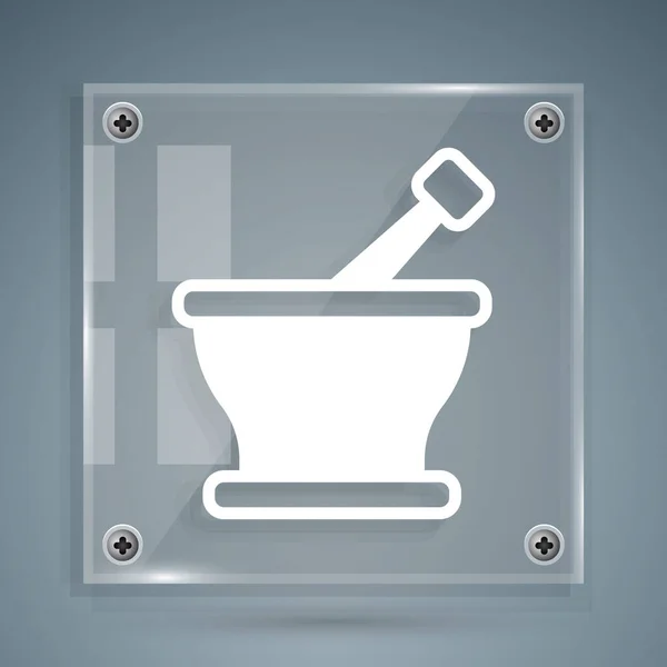 White Mortar Pestle Icon Isolated Grey Background Square Glass Panels — Stock Vector