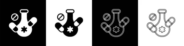 Set Medikamentenpille Oder Tablette Symbol Isoliert Auf Schwarz Weißem Hintergrund — Stockvektor