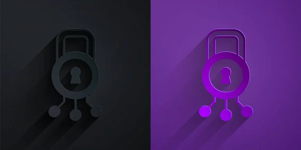Papiergeschnittenes Cyber Sicherheitssymbol Isoliert Auf Schwarzem Auf Violettem Hintergrund Geschlossenes — Stockvektor