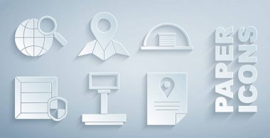 Hangar Sevkiyatını Kalkan Belge İşaretleme Sistemi ile ölçeklendirin Harita kağıdı ve büyüteç küre simgesi üzerinde yer tutucu. Vektör.