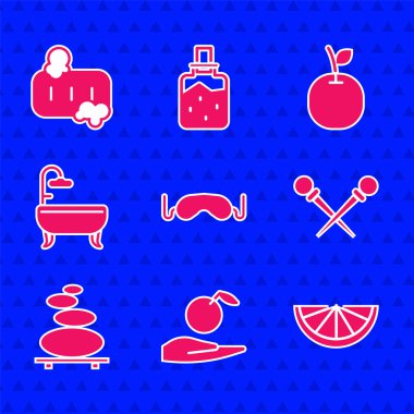 Göz Maskesi Elması 'nı elinde tut. Citrus meyveli örgü iğneleri, sıcak taşlar, küvet ve köpük ikonlu sabun. Vektör.