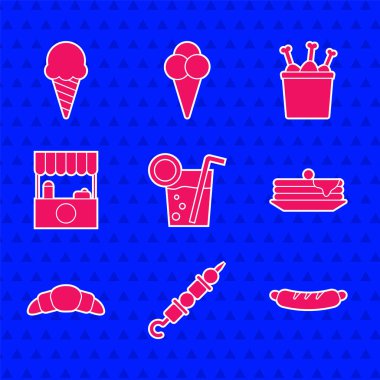 Cocktail ızgara şiş kebap Hotdog sandviç sandviç tezgahı, kruvasan sokak tezgahı tente tavuk budu paketi ve dondurma külahlı waffle ikonu. Vektör.