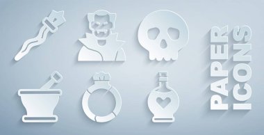 Mücevher Kafatası Havan ve Şişe Aşk İksiri Vampiri ve asa ikonu ile Sihirli Taş Yüzük koyun. Vektör.