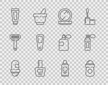 Terleme önleyici deodorant tozu, ayna tırnak cilası, krem losyon, kozmetik tüp şampuan ve parfüm ikonu. Vektör.