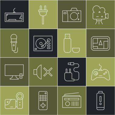 Satır Batarya şarj seviyesi göstergesi Gamepad GPS cihazını harita fotoğraf makinesi, mikrofon çalar klavye ve USB flash disk simgesi ile ayarla. Vektör.