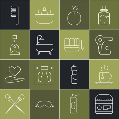 Çay poşeti, saç kurutma makinesi, çay küveti çay fırçası, sauna kovası ve kepçe ikonlu krema veya losyon tüp çay. Vektör.