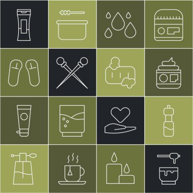 Çizgiyi belirle Bal Dipper çubuğu ve bir şişe su kremi ya da losyon tüpü su damlası terlik şampuanı ve köpük ikonlu sabun. Vektör.