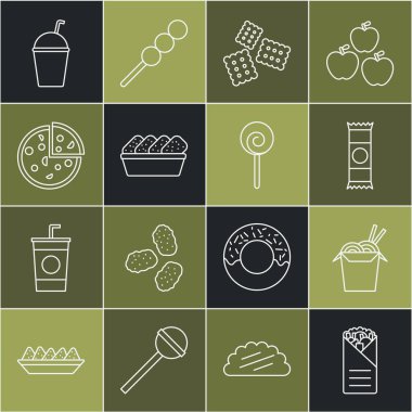 Pizza Milkshake ve lolipop ikonunda Doner kebabı, çikolatalı kraker, bisküvi ve tavuk nuggetı. Vektör.