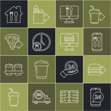 Çevrimiçi hamburger siparişi ver ve günün her saati pizza ve ikon sipariş et. Vektör.