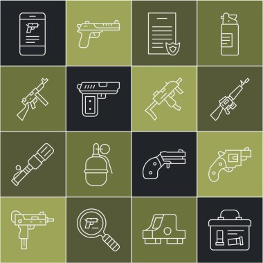 Askeri mühimmat kutusunu ayarla küçük tabanca tabancası M16A1 tüfek ruhsatı Pistol veya Tommy Shop silahı mobil uygulama ve MP9I alt makine simgesi. Vektör.