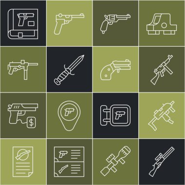 Avcı silahı MP9I alt makine Tommy Revolver askeri bıçak Submachine M3 kitap tabanca veya küçük revolver ikonu ile. Vektör.