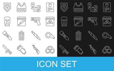 Olay yeri bıçaklı, kar maskeli polis rozetli ve elektrik şoklu ikonlu düdük kanıt çantasına kelepçe tak. Vektör.