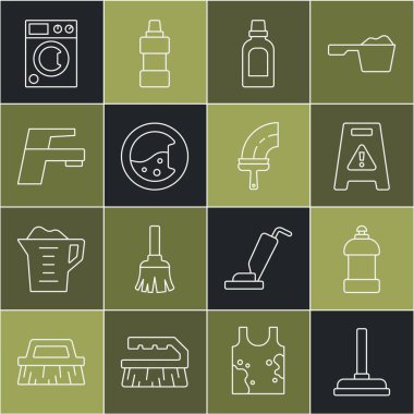 Temizlik elemanı ıslak zemin temizleme suyu musluğu ve temiz pencere ikonu için kauçuk pompa şişesi ayarlayın. Vektör.