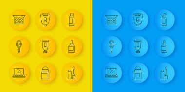 Saç spreyi ve Epilatör ikonu için makyaj tozunu aynalı el kremi kozmetik tüp maskara fırçası sprey kutusuyla ayarla. Vektör.