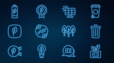 Yaprak doğası pil ağacı ve ikonunda çöp tenekesi güneş enerjisi panelini elektrik prizi olarak ayarla. Vektör.