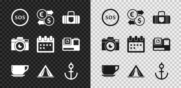 Sosマネー交換スーツケースコーヒーカップで場所を設定観光テントアンカー写真カメラとカレンダーアイコン ベクトル — ストックベクタ