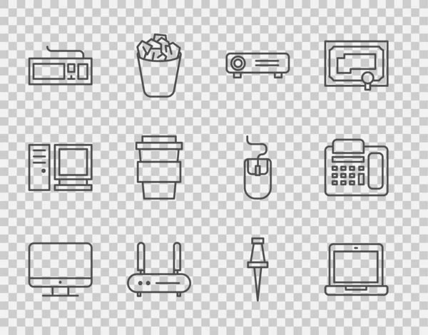 设置线电脑监控屏幕笔记本电脑电影媒体投影仪路由器和无线信号键盘咖啡杯按下别针和电话图标 — 图库矢量图片