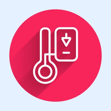 Beyaz çizgi Sauna termometre simgesi uzun gölge arkaplanı ile izole edildi. Sauna ve banyo malzemeleri. Kırmızı daire düğmesi. Vektör.