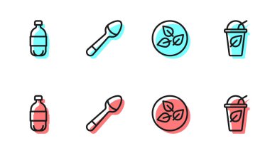 Çay yaprağı şişesi, çay kaşığı ve ikonlu çay. Vektör.