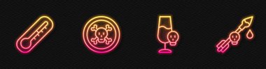 Zehirli alkol termometresi, kemik, kafatası ve ok hattını ayarla. Parlayan neon ikonu. Vektör.
