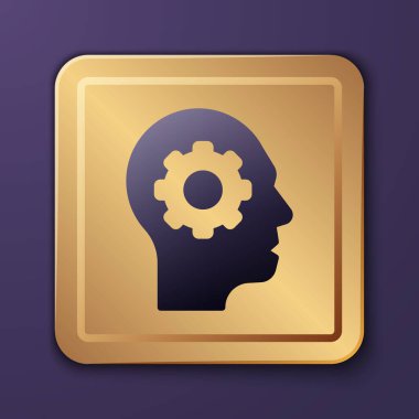 Mor arka planda izole edilmiş ikon içerisindeki teçhizatlı mor insan kafası. Yapay zeka. Düşünen beyin. Beynin sembol çalışması. Altın kare düğme. Vektör.