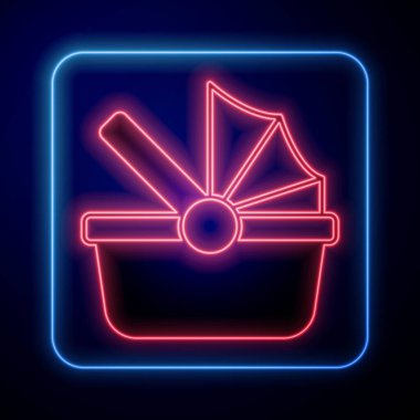 Parlayan neon bebek arabası simgesi siyah arkaplanda izole edildi. Bebek arabası, at arabası, bebek arabası, bebek arabası, tekerlek. Vektör.