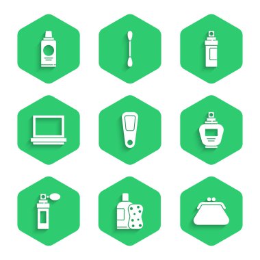 El aynası şampuan şişesi sünger debriyaj çantası parfüm tozu ve ikon. Vektör.