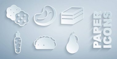 Tortilla dilim havuçlu biftek ve bisküvi ikonuyla Taco hazırla. Vektör.