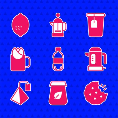 Bir şişe su, çay, kurabiye ya da bisküvi, kettle, gül ve limon ikonlu çay. Vektör.