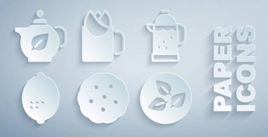 Kurabiye ya da bisküvi Fransız ezmesi, gül ve çaydanlık ikonlu limon yaprağı çayı. Vektör.