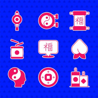 Çin Yeni Yıl Yuan para birimi Havai Fişek Şeftalisi meyve nektarini Yin Yang sembol davul ve kağıt fener ikonu. Vektör.