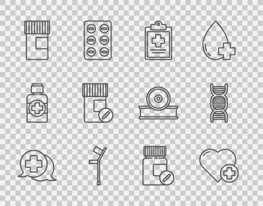 Doktor Heart 'la diyalog kurun. Tıbbi kayıtlar. Koltuk değnekleri, ilaç şişesi, haplar ve DNA sembolü ikonu. Vektör.