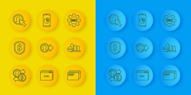 Hizmet hattı tanıtım parası kalkanı, dolar kartlı pasta grafiği, insan giysisi, etiket dişlisi ve cep telefonu ikonu kullanıcısı. Vektör.