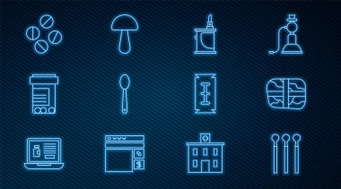 Hat, kokain Elektronik Sigarayla Eroin Kaşık İlaç Şişesi, hap ya da tablet Bıçak Usturası ve Psilocybin mantar ikonu ile eşleşiyor. Vektör.